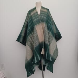 World Market Womens One Size Green Plaid Asymmetrical Poncho Wool Blend